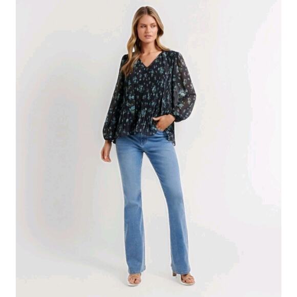 MNG Mango Womens Pleated Floral Blouse Relaxed Necktie Black Cottage Romantic 6 - Picture 2 of 16